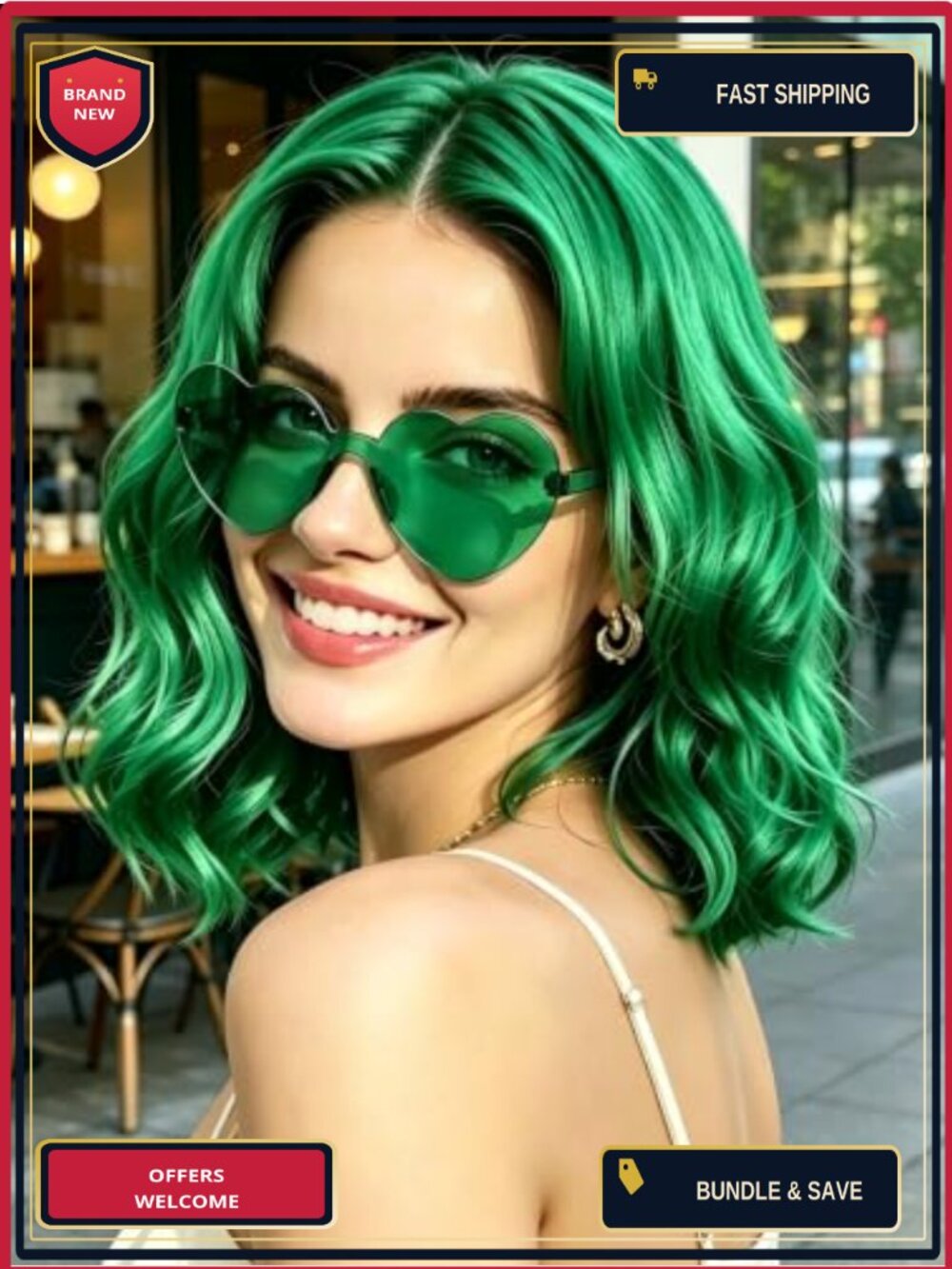 Wavy Bob Wig Heart Sunglasses Set Cosplay Party Shoulder Length